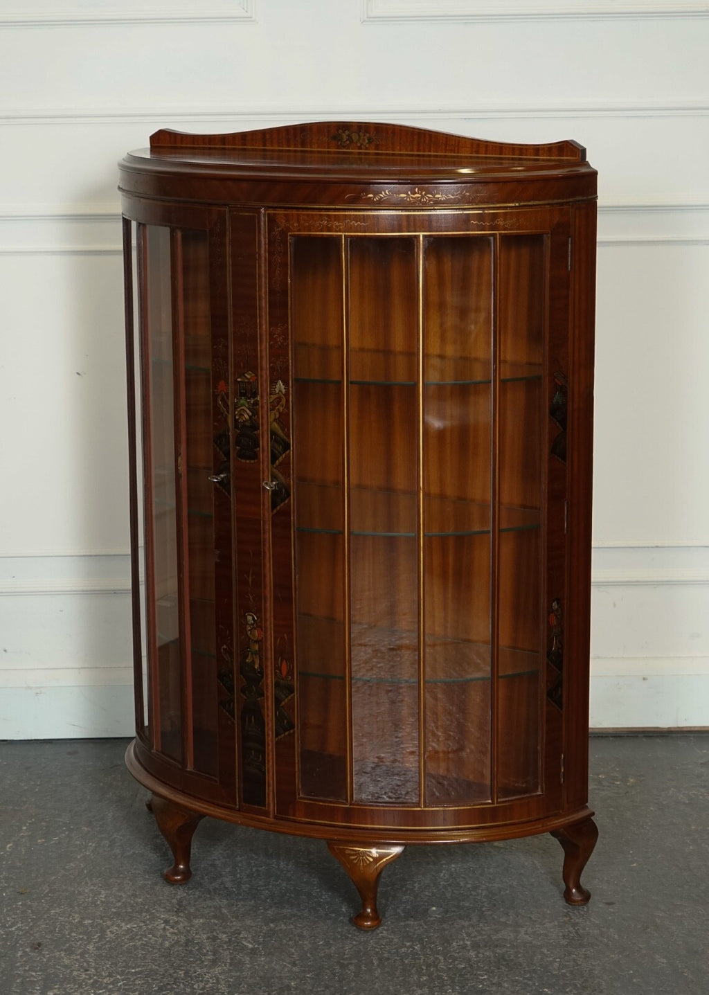 ORIENTAL CHINESE DWARF BOW FRONT DISPLAY CABINET WITH GLASS SHELVES