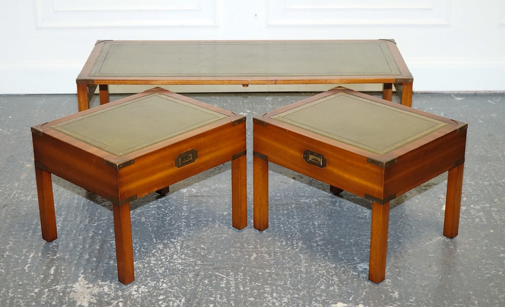 BEVAN FUNNELL COFFEE TABLE WITH TWO SIDE UNDERTABLES GREEN LEATHER TOP