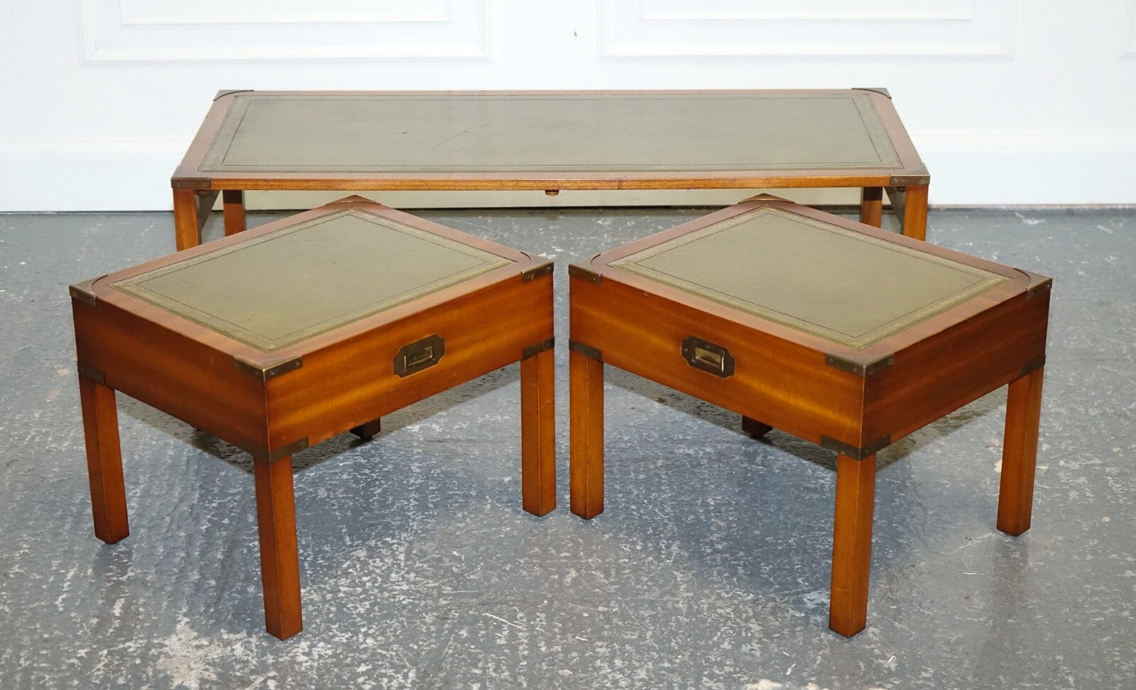 BEVAN FUNNELL COFFEE TABLE WITH TWO SIDE UNDERTABLES GREEN LEATHER TOP