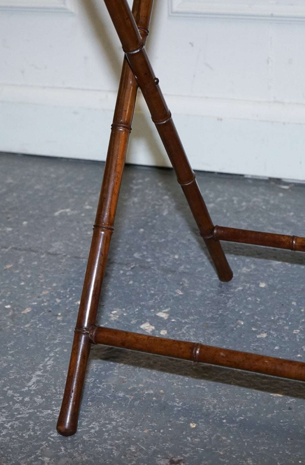 VICTORIAN DOUBLE SIDED SERVING TRAY ON BAMBOO STAND BRASS HANDLES MARQUETRY TOP