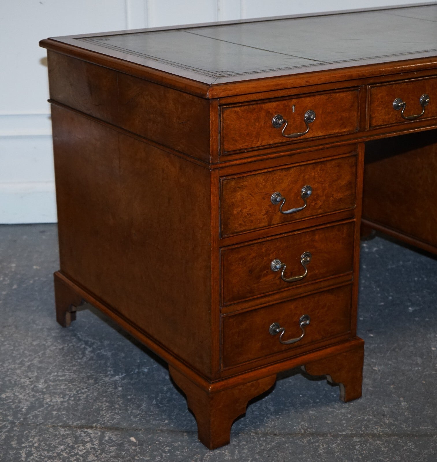 ONE OF A KiND RESTORED VICTORIAN BURR WALNUT HAND DYED LEATHER PEDESTAL DESK
