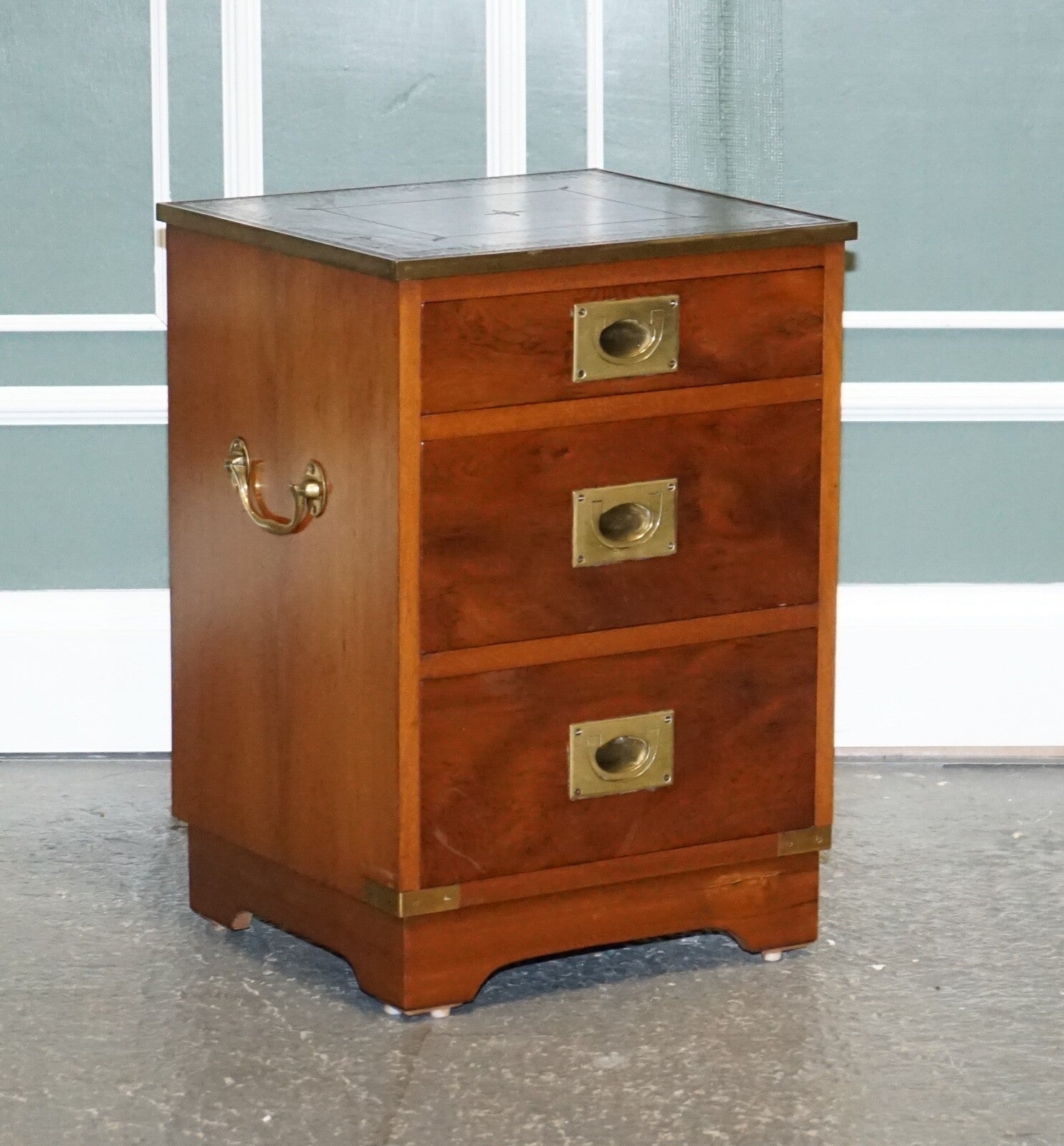 MILITARY CAMPAIGN BEDSIDE NIGHTSTAND END TABLE GREEN LEATHER TOP