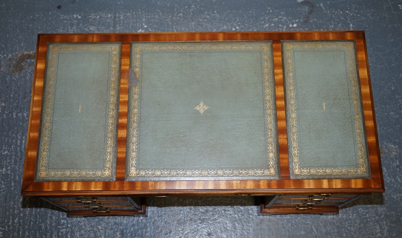 VINTAGE BEVAN FUNNELL SAGE BLUE GOLD EMBOSSED LEATHER TOP PEDESTAL DESK