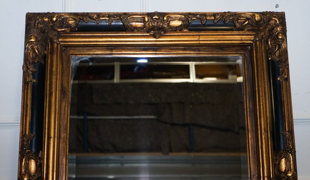 STUNNING VICTORiAN BLACK & GOLD CARVED FRAME BEVELLED MIRROR