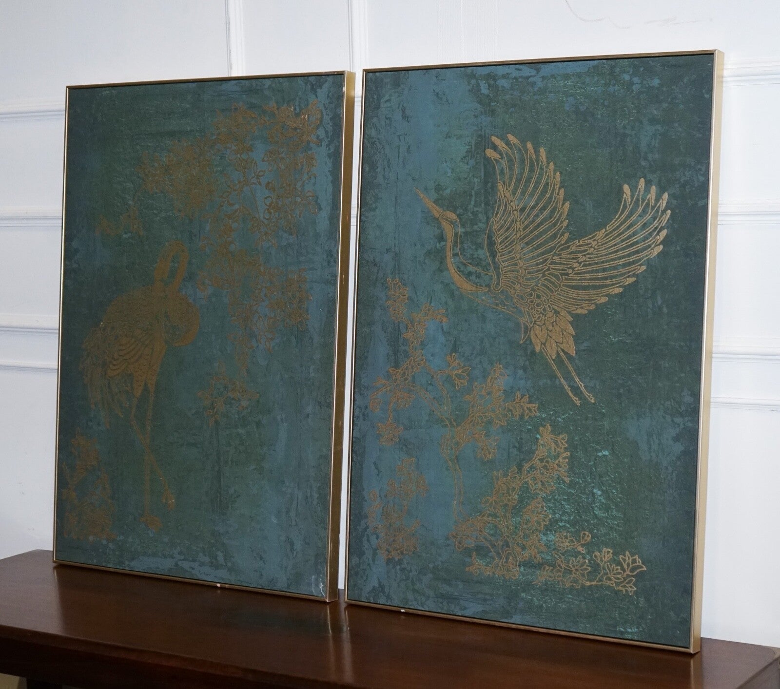LOVELY PAIR OF PEACOCK ROOM ART PRINTS WALL DECOR TORQUOISE AND GOLD FRAMES