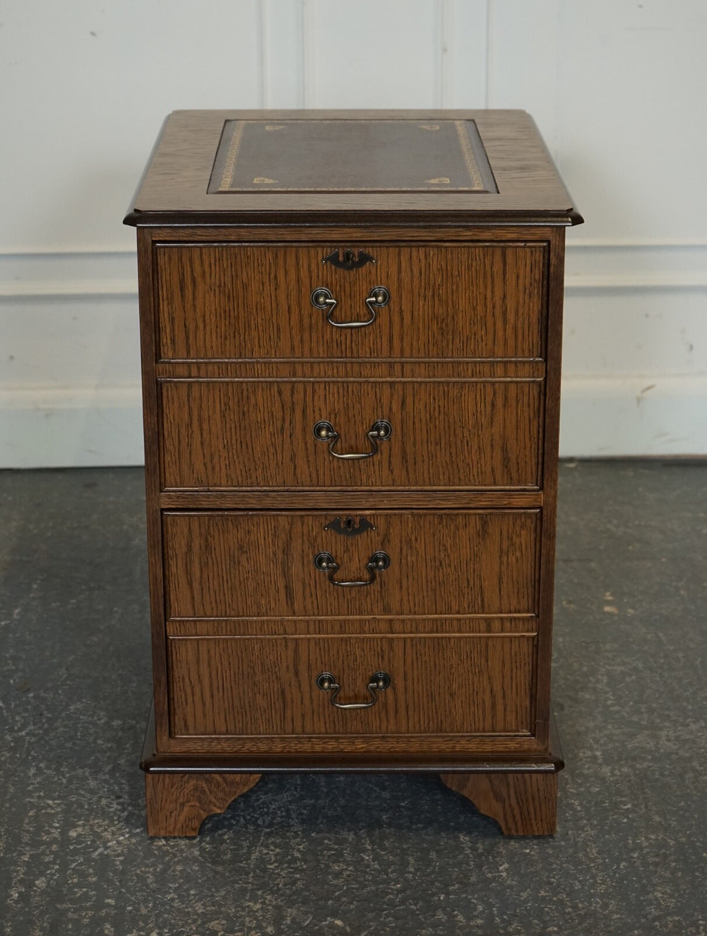 VINTAGE OAK OFFICE FILLING CABINET TWO DRAWERS BROWN LEATHER TOP PART OF SUITE