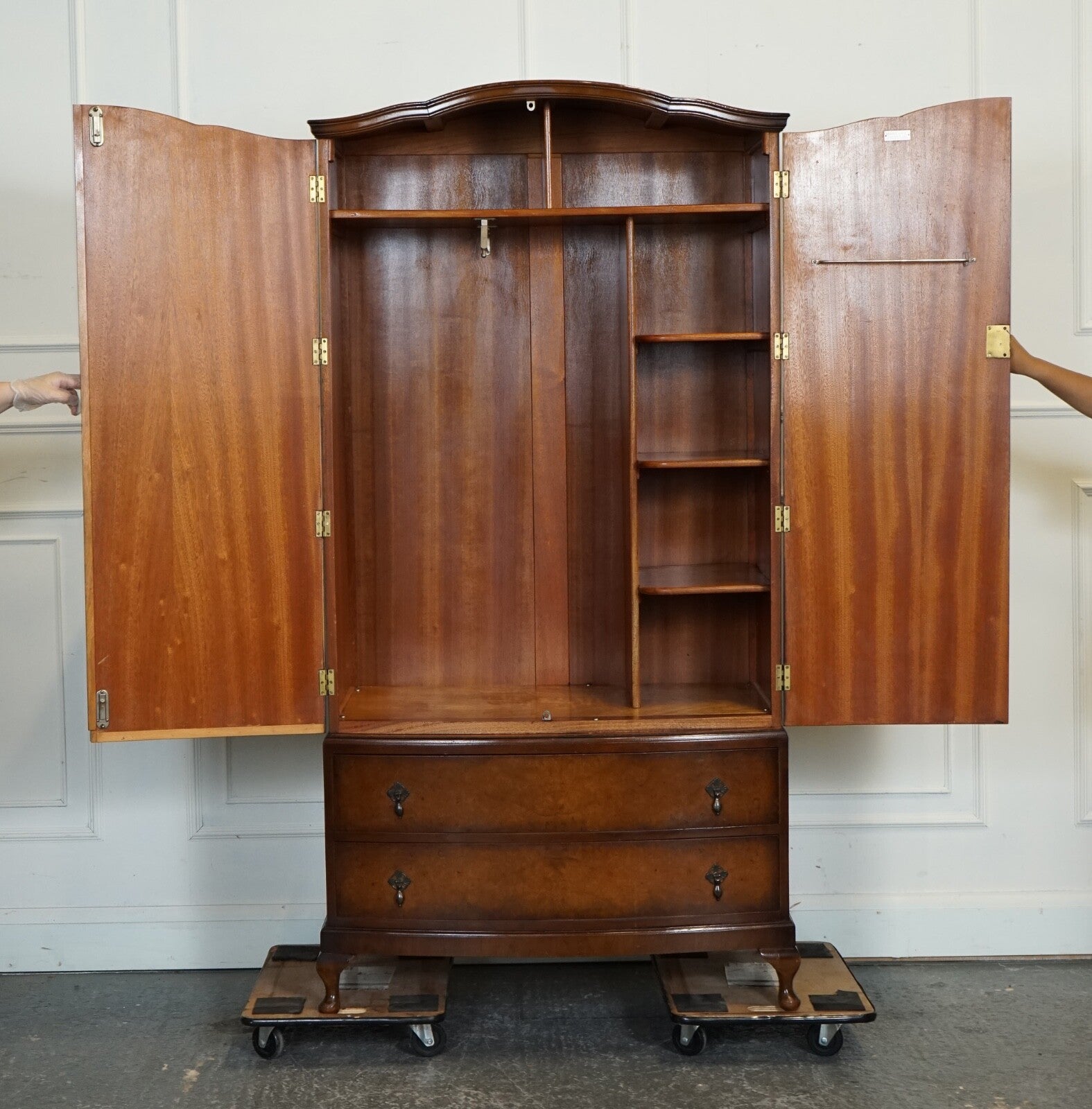 ViNTAGE ART DECO WARDROBE MADE BY MAPLE & CO TWO LARGE DRAWERS QUEEN ANNE LEGS