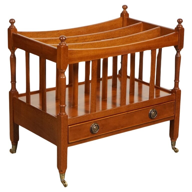VINTAGE YEW WOOD CANTERBURY NEWSPAPER RACK WITH BRASS HANDLES AND DRAWER J1