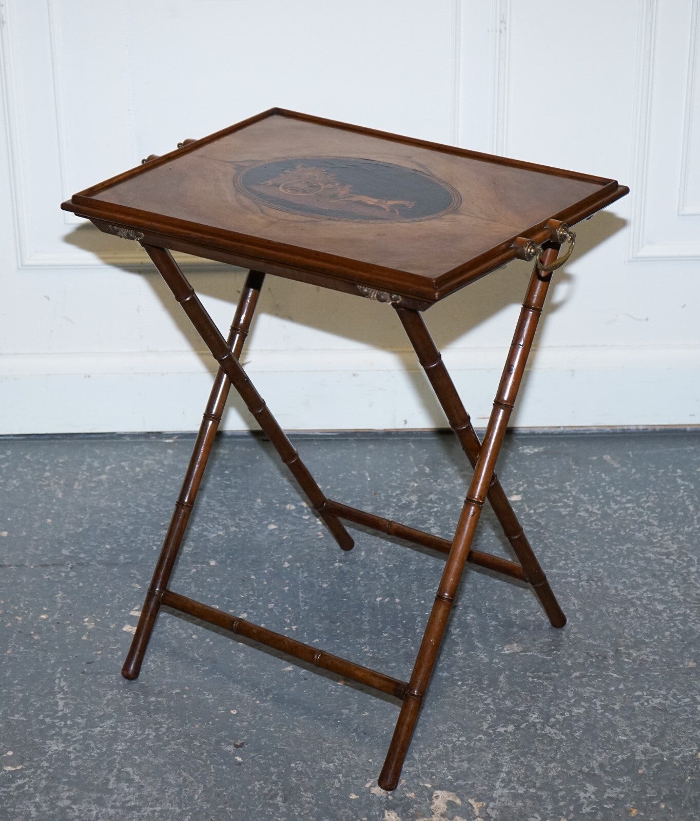 VICTORIAN DOUBLE SIDED SERVING TRAY ON BAMBOO STAND BRASS HANDLES MARQUETRY TOP
