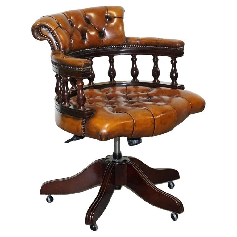 FULLY RESTORED CIGAR BROWN LEATHER CHESTERFIELD CAPTAINS OFFICE SWIVEL ARMCHAIR