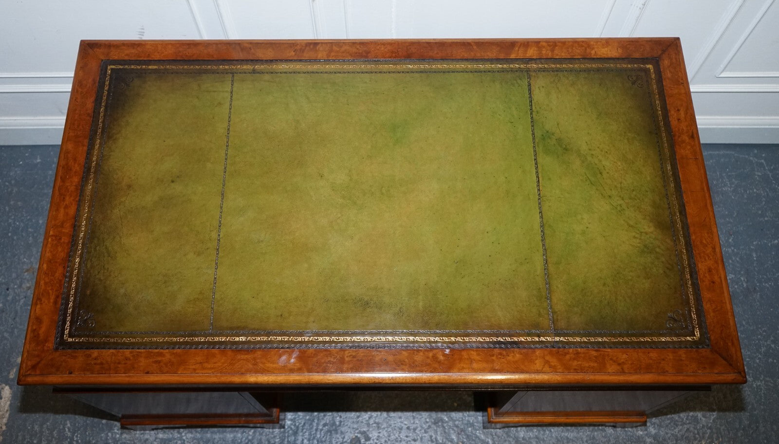 ONE OF A KiND RESTORED VICTORIAN BURR WALNUT HAND DYED LEATHER PEDESTAL DESK