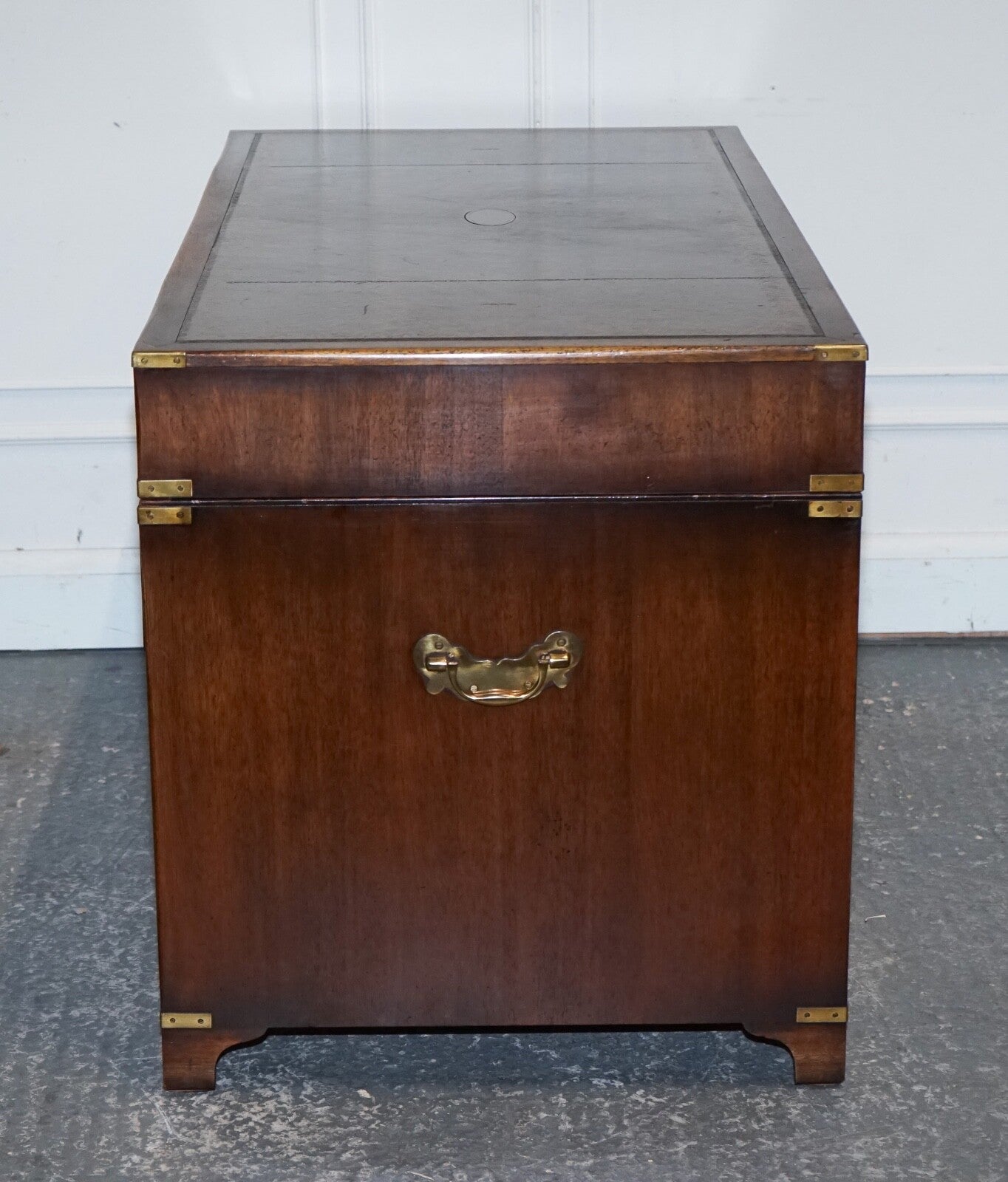 MILITARY CAMPAIGN TWIN PEDESTAL DESK WITH AGED GREEN LEATHER TOP BEVAN FUNELL