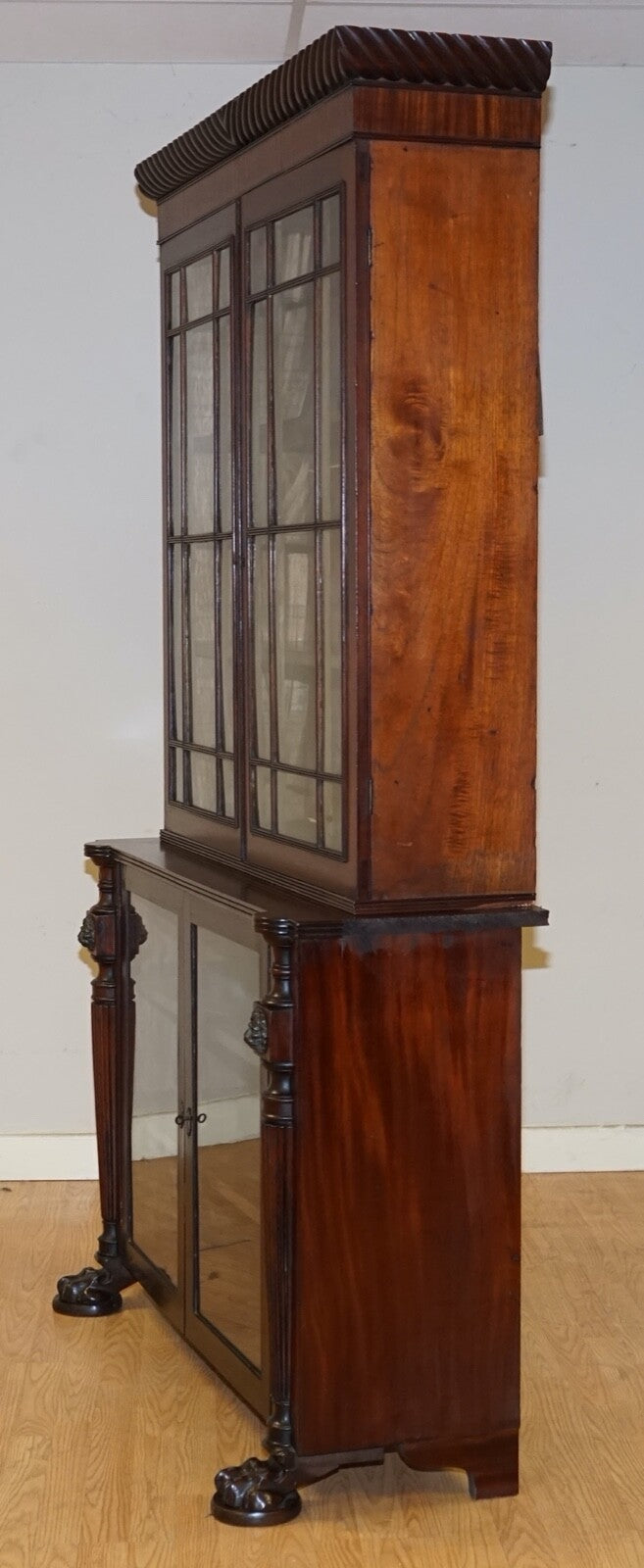 VICTORIAN MAHOGANY BOOKCASE WITH LION MASK CLAW FEET GLAZED DOORS