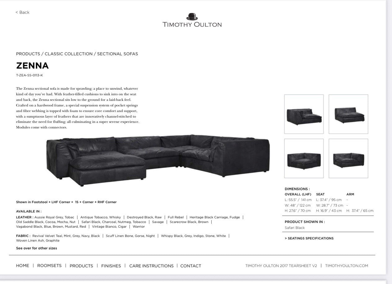 TIMOTHY OULTON ZENNA SECTIONAL GREY LEATHER SOFA FEATHER FILLED CUSHION RRP £10K