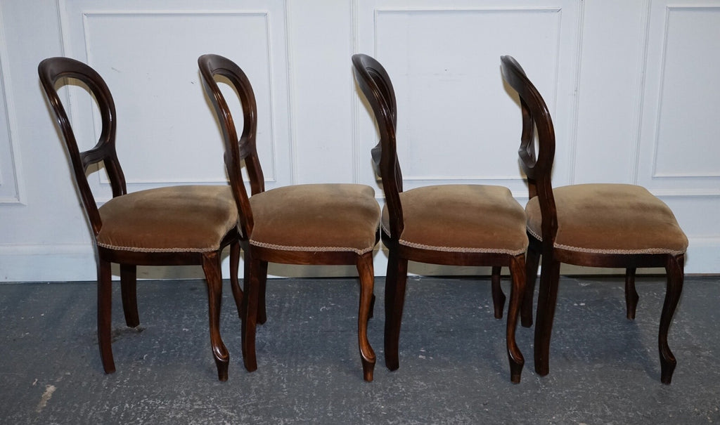 VINTAGE SET OF FOUR WOODEN BALLOON BACK DINING CHAIRS WITH VELVET SEAT