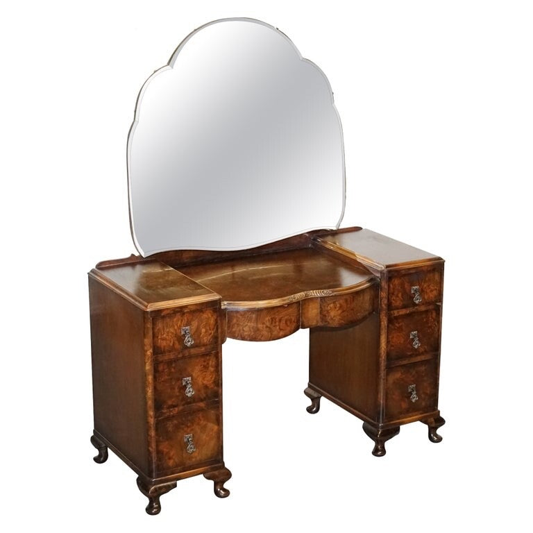 ANTIQUE 1920'S ART DECO BURR WALNUT DRESSING TABLE WITH LARGE MIRROR