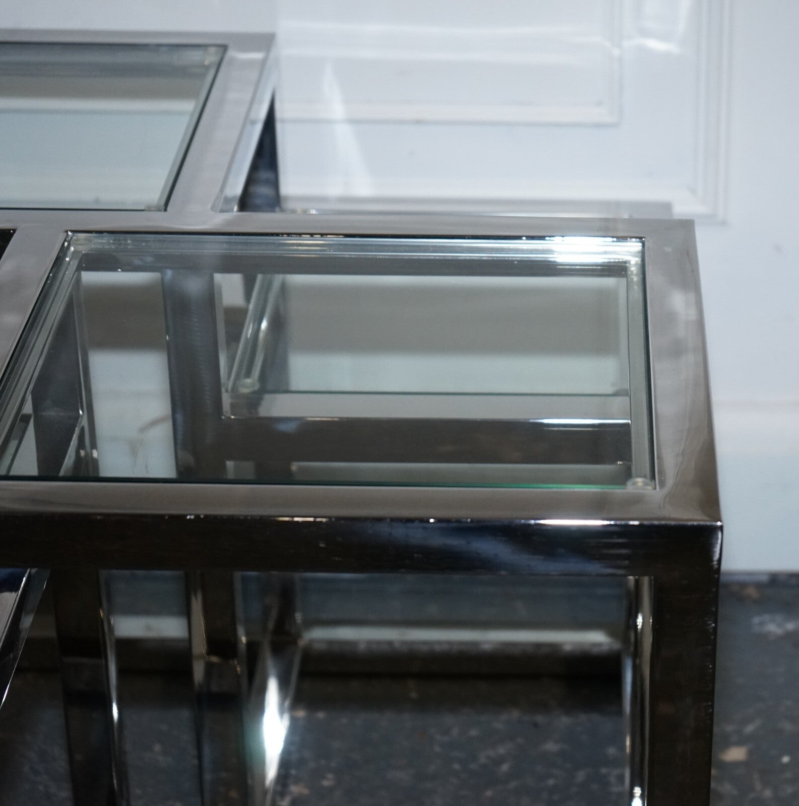PAIR OF CASA PADRINO ART DECO STYLE GLASS POLISHED STAINLESS STEEL SIDE TABLES