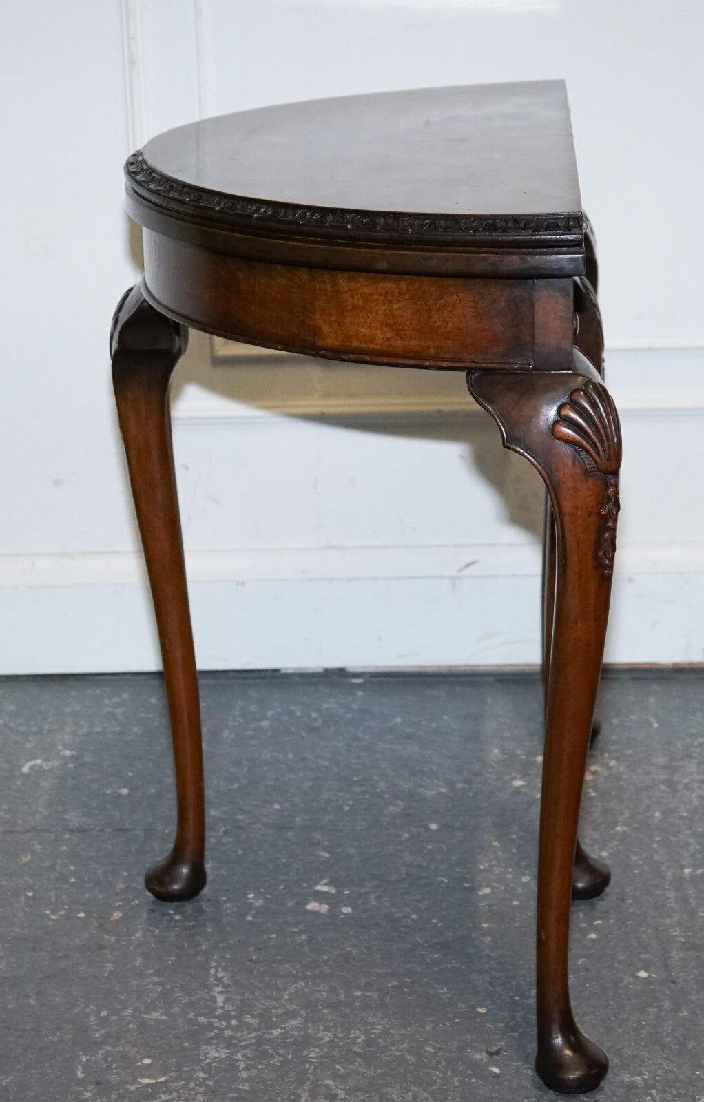 ANTIQUE BURR WALNUT DEMI LUNE CARD GAMES SIDE OCCASIONAL TABLE
