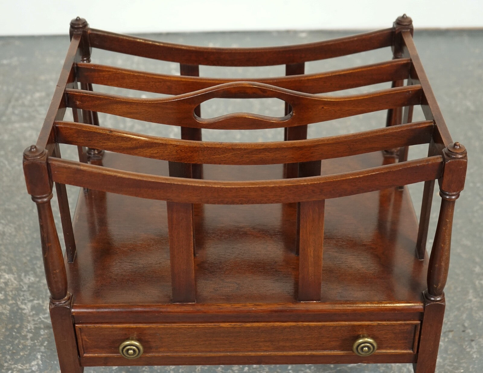 VINTAGE MAHOGANY CANTERBURY NEWSPAPER RACK WITH BRASS HANDLES