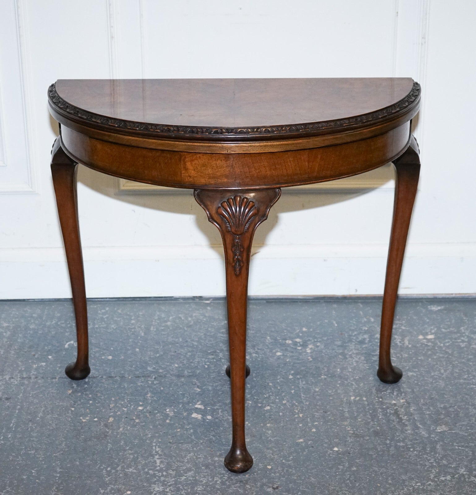 ANTIQUE BURR WALNUT DEMI LUNE CARD GAMES SIDE OCCASIONAL TABLE
