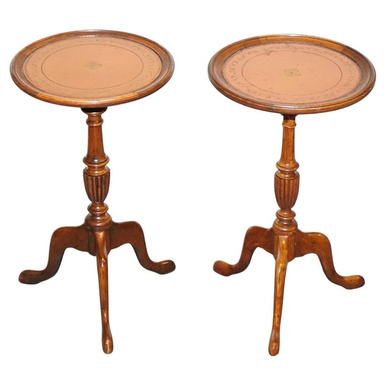 ANTIQUE 1920's MATCHED BROWN LEATHER TOP PAIR OF WINE END SIDE TABLE TRIPOD BASE