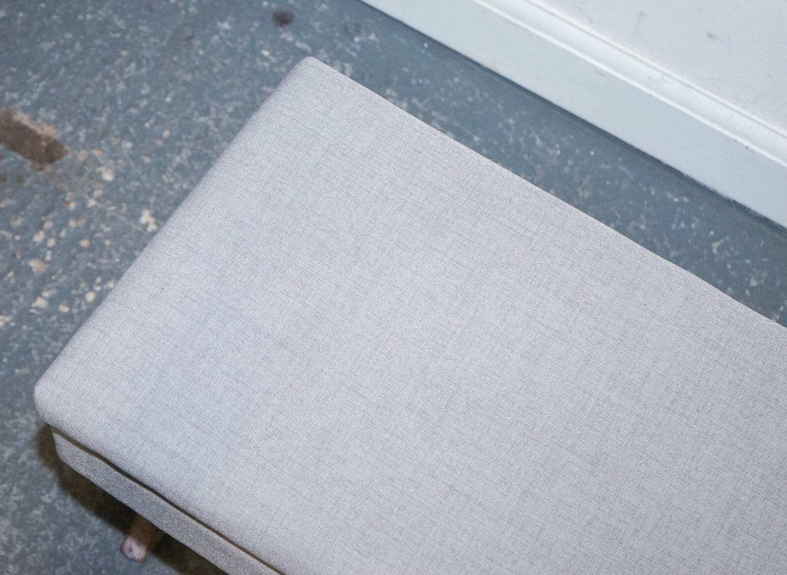 LOVELY VINTAGE GREY TAUPE FABRIC OTTOMAN WITH STORAGE SPACE RAISED ON X FRAME
