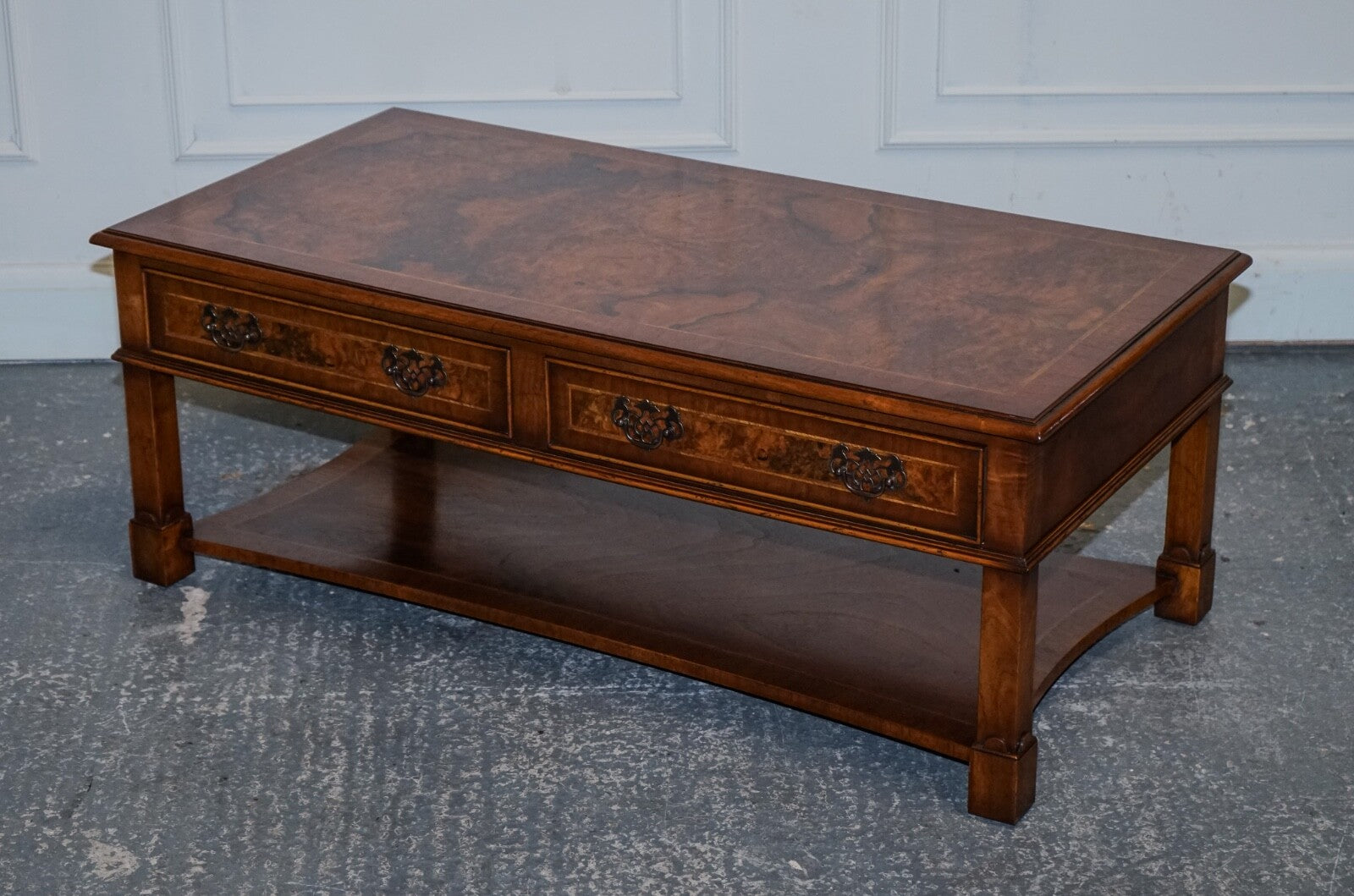 VINTAGE BRIGHTS OF NETTLEBED BURR WALNUT COFFEE TABLE WITH TWO DEEP DRAWERS