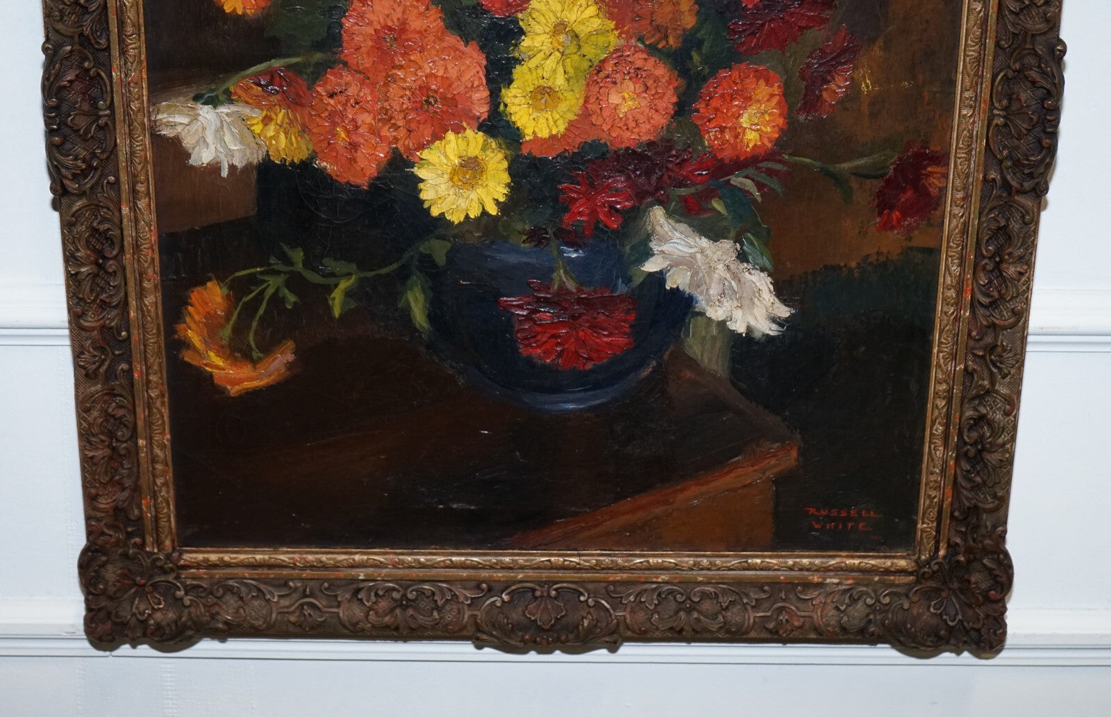 STILL LIFE PAINTING FLORAL BOUQUET GILTED FRAME SIGNED RUSSEL WHITE 1953