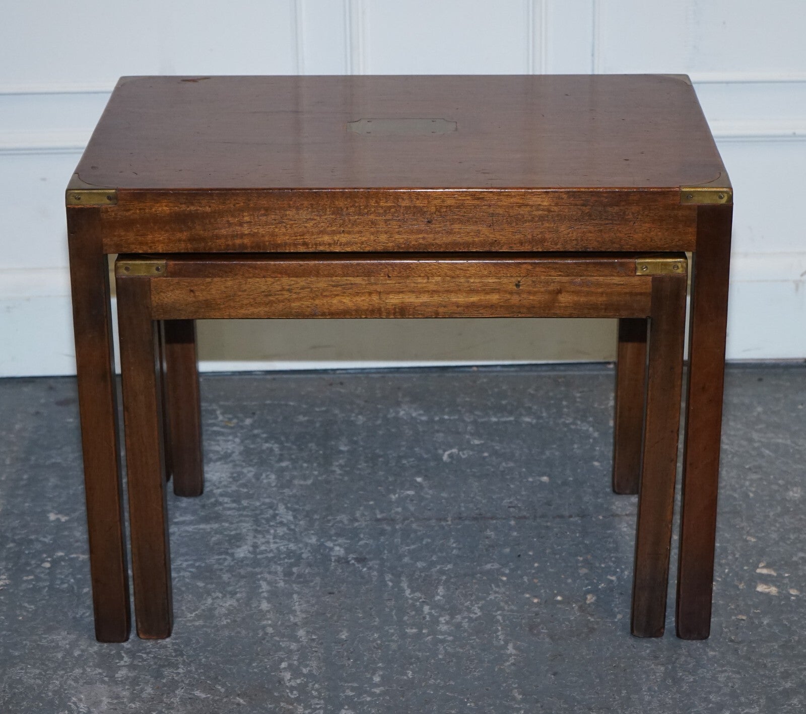 VINTAGE LONDON HARRODS KENNEDY MILITARY CAMPAIGN NEST OF TWO TABLES BRASS DETAIL