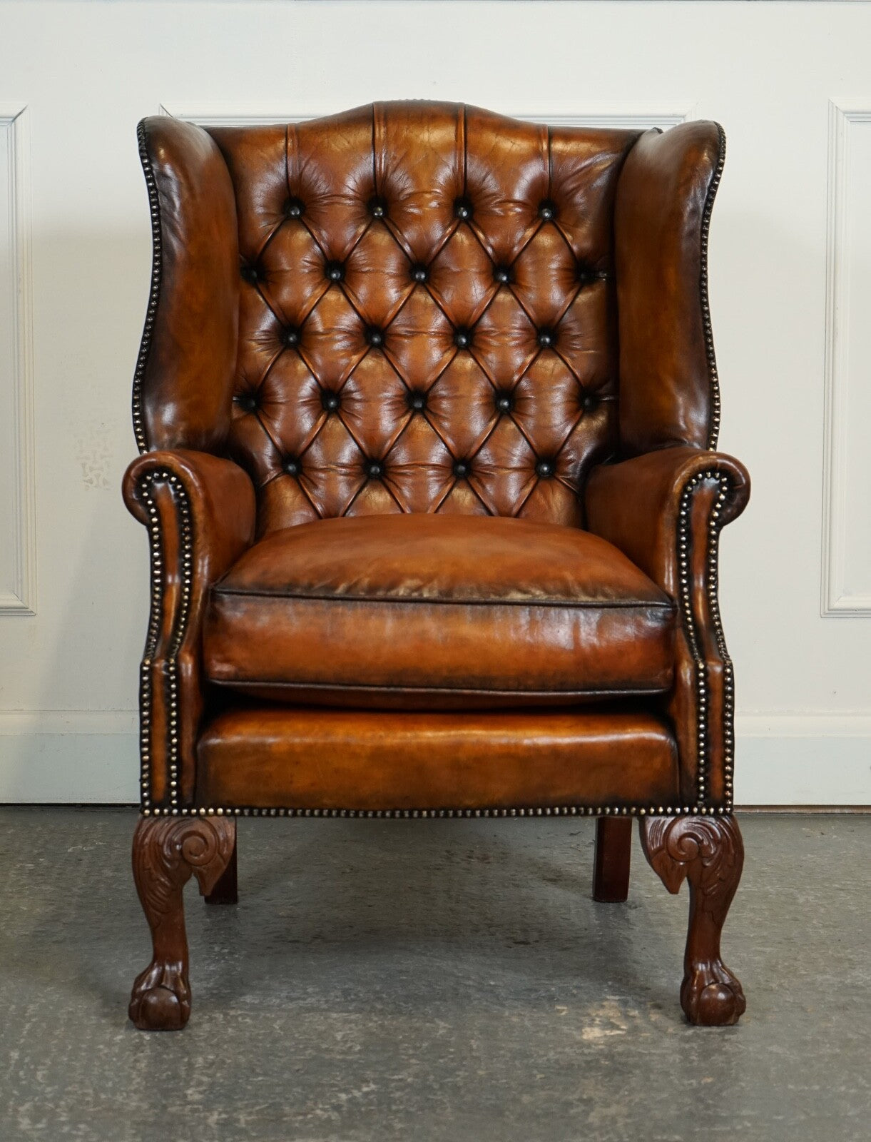 RESTORED PAIR OF HAND DYED BROWN LEATHER CHESTERFiELD WINGBACK ARMCHAIRS