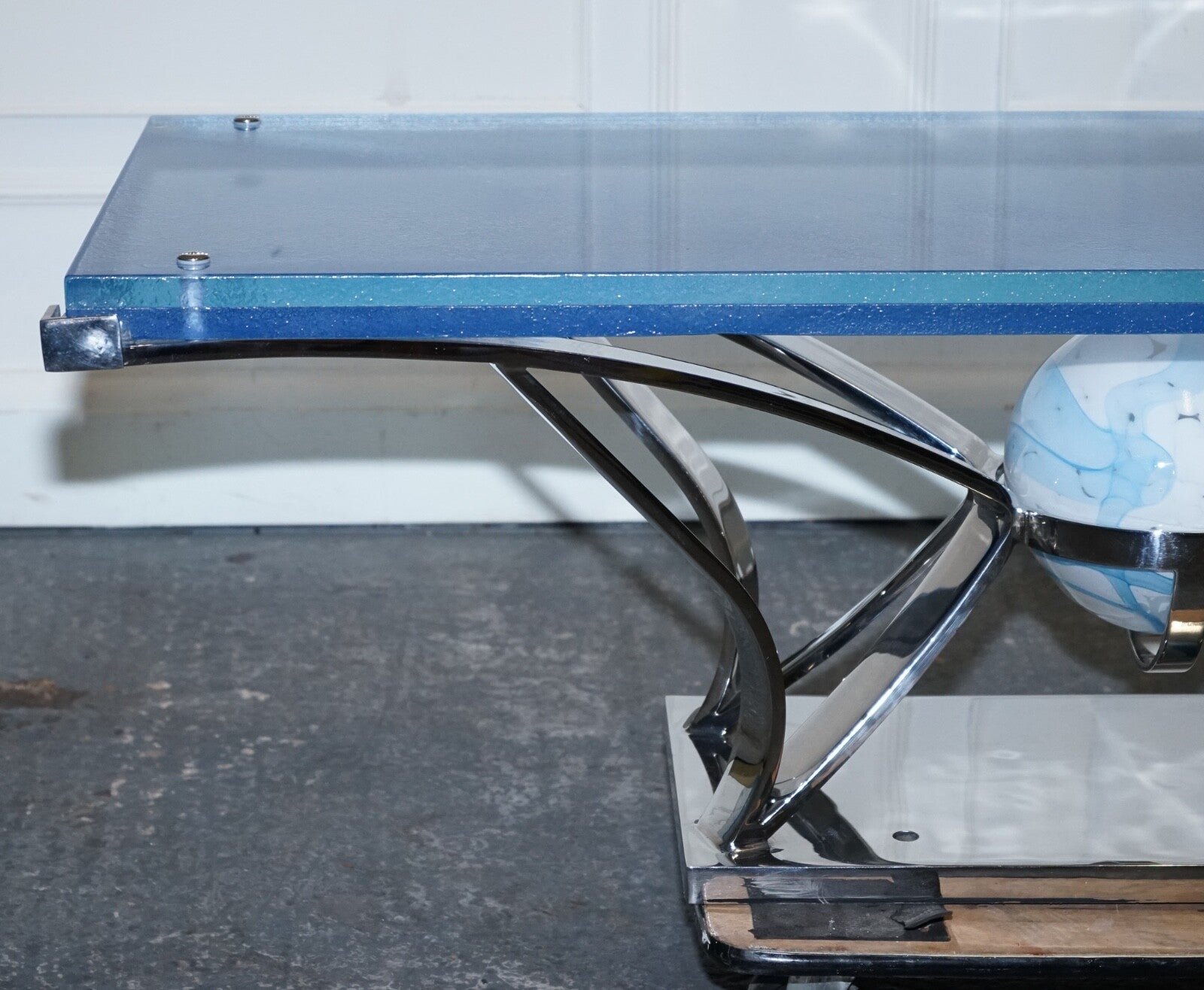 RARE CUSTOM HAND MADE GLASS MARINE GRADE STAINLESS STEEL COFFEE TABLE BY SOLIART