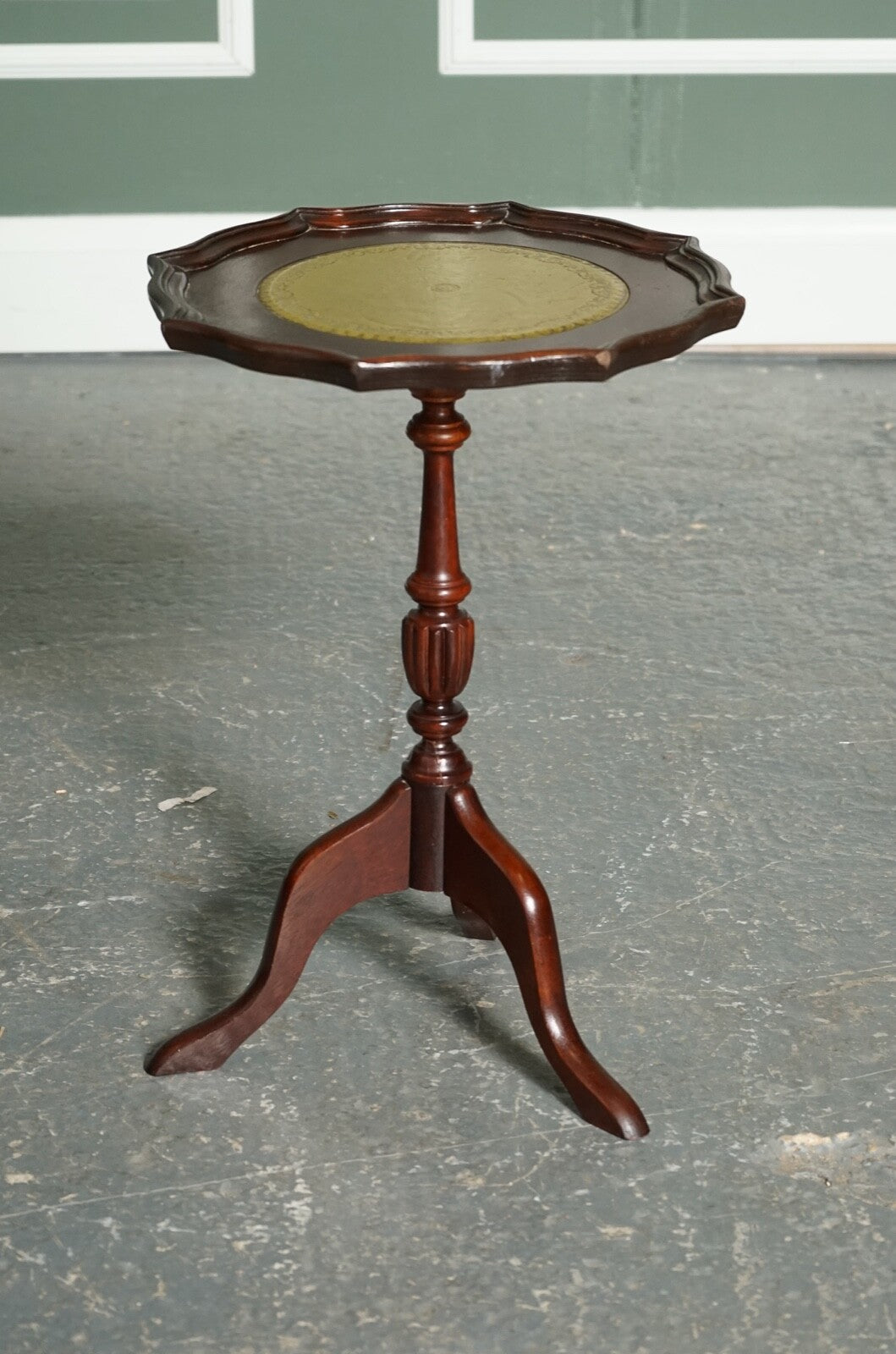 VINTAGE GREEN LEATHER TOP PLANT WINE SIDE STAND ON TRIPOD FEET