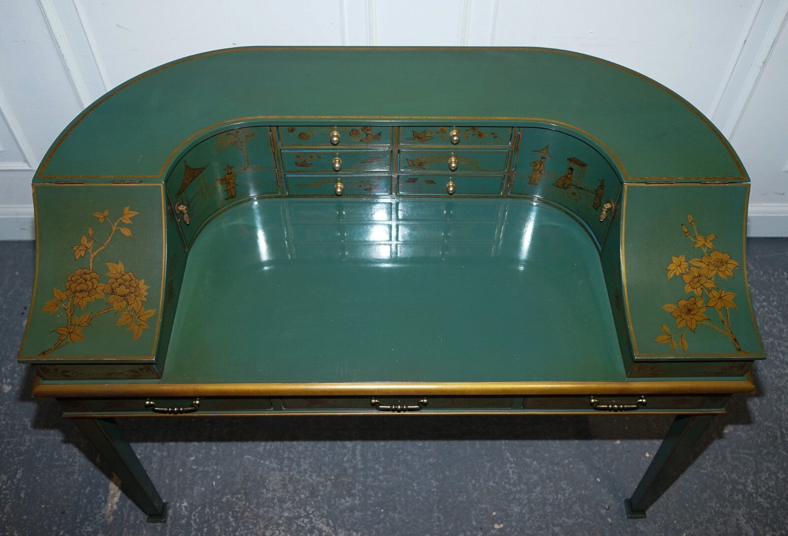 ORIENTAL CHINOISERIE GREEN & GOLD CARLTON DESK WITH MATCHING ARMCHAIR