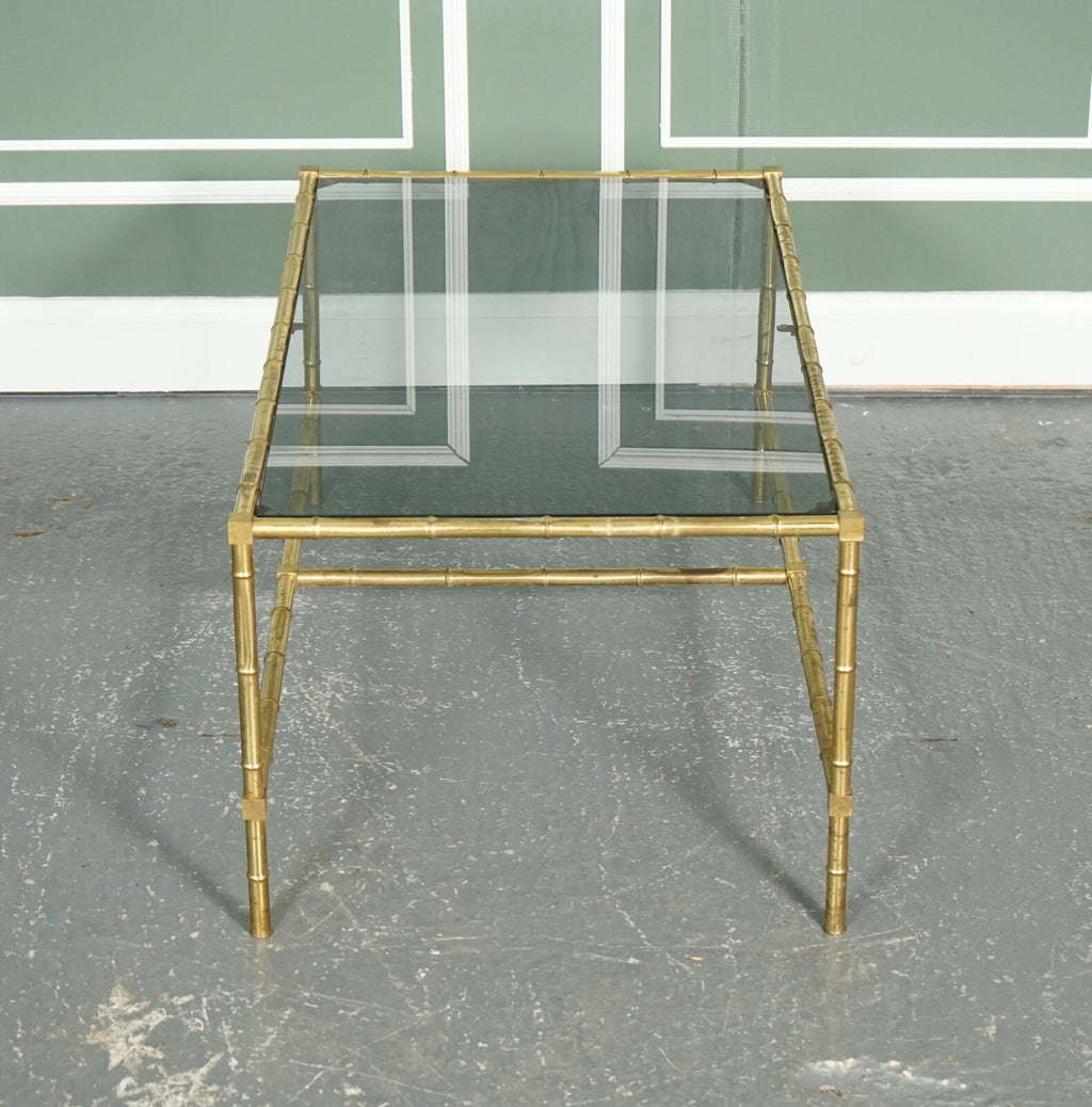 HOLLYWOOD REGENCY GOLDEN BAMBOO COFFEE TABLE SET WITH 2 SIDE TABLES ON CASTORS