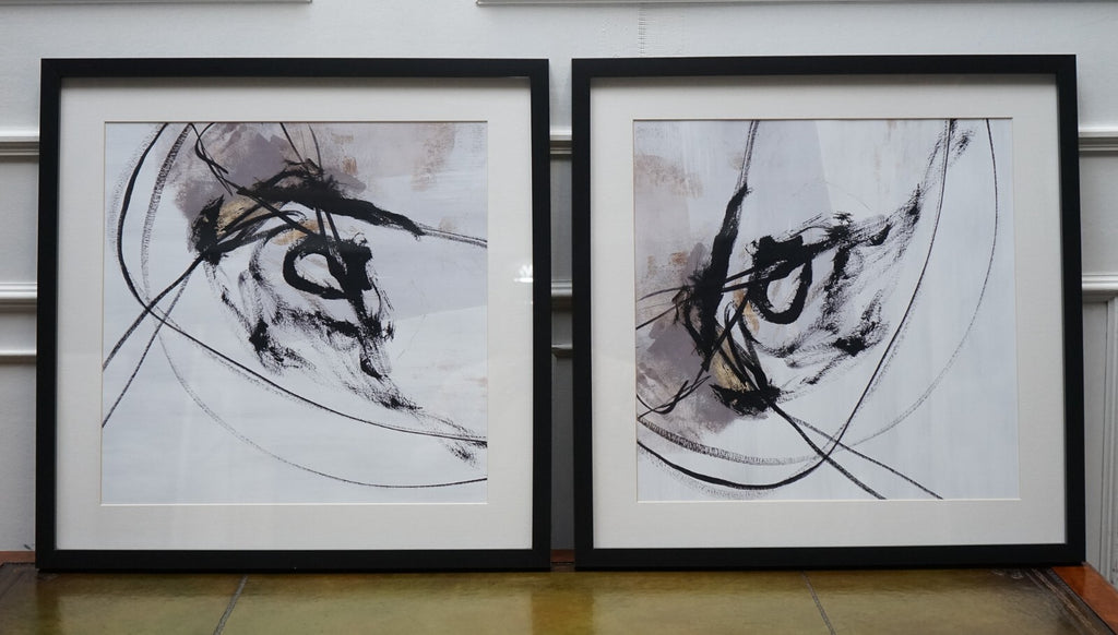 PAIR OF MODERN ART CHARCOAL STYLE WALL PAINTINGS  BLACK FRAME 1/2