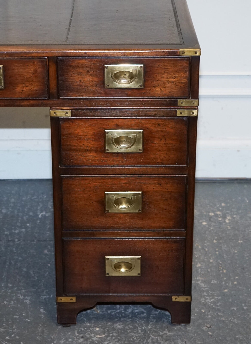 MILITARY CAMPAIGN TWIN PEDESTAL DESK WITH AGED GREEN LEATHER TOP BEVAN FUNELL