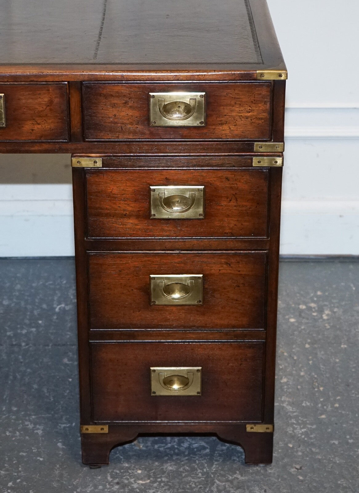 MILITARY CAMPAIGN TWIN PEDESTAL DESK WITH AGED GREEN LEATHER TOP BEVAN FUNELL