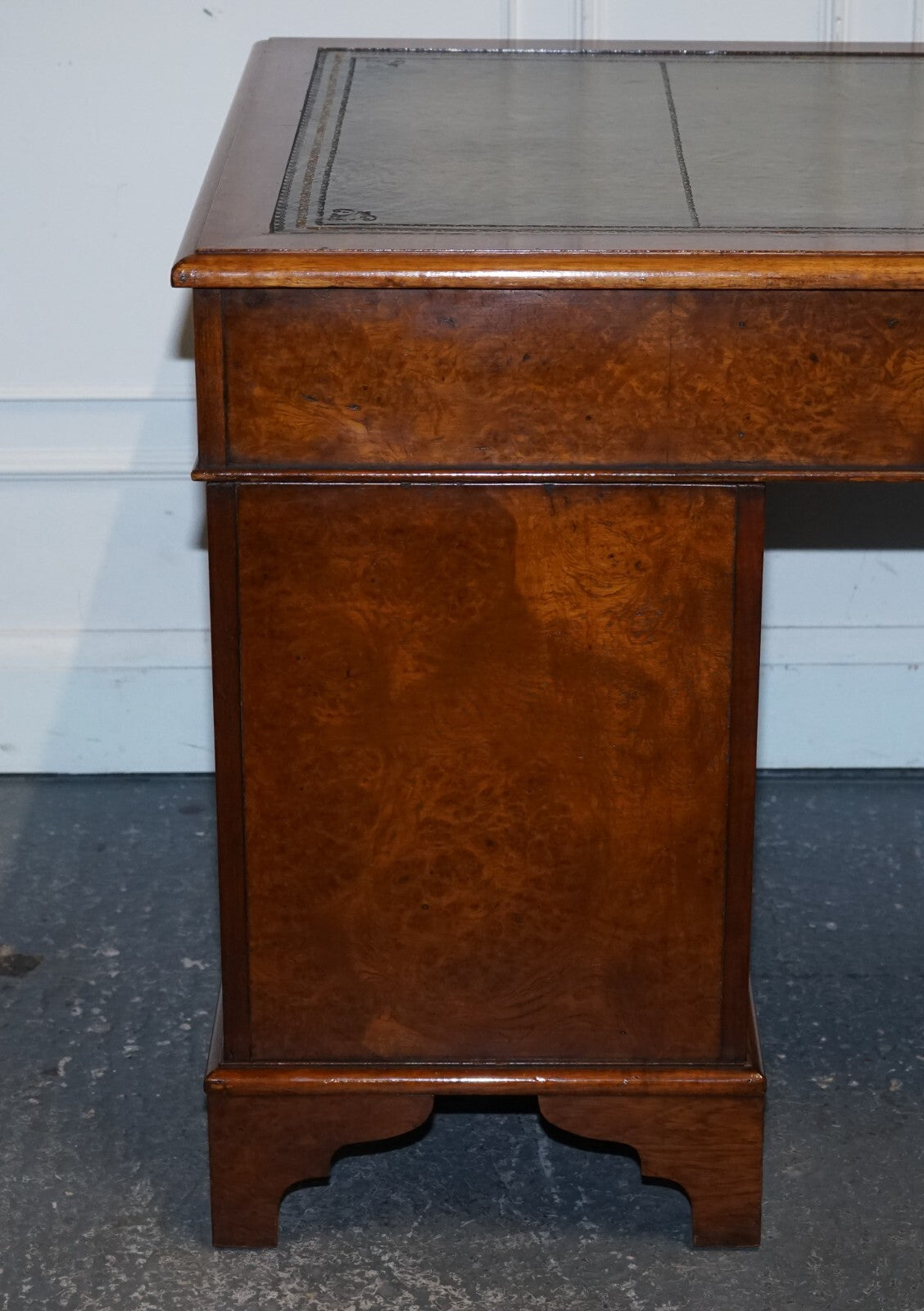 ONE OF A KiND RESTORED VICTORIAN BURR WALNUT HAND DYED LEATHER PEDESTAL DESK