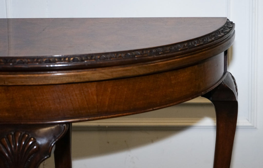 ANTIQUE BURR WALNUT DEMI LUNE CARD GAMES SIDE OCCASIONAL TABLE