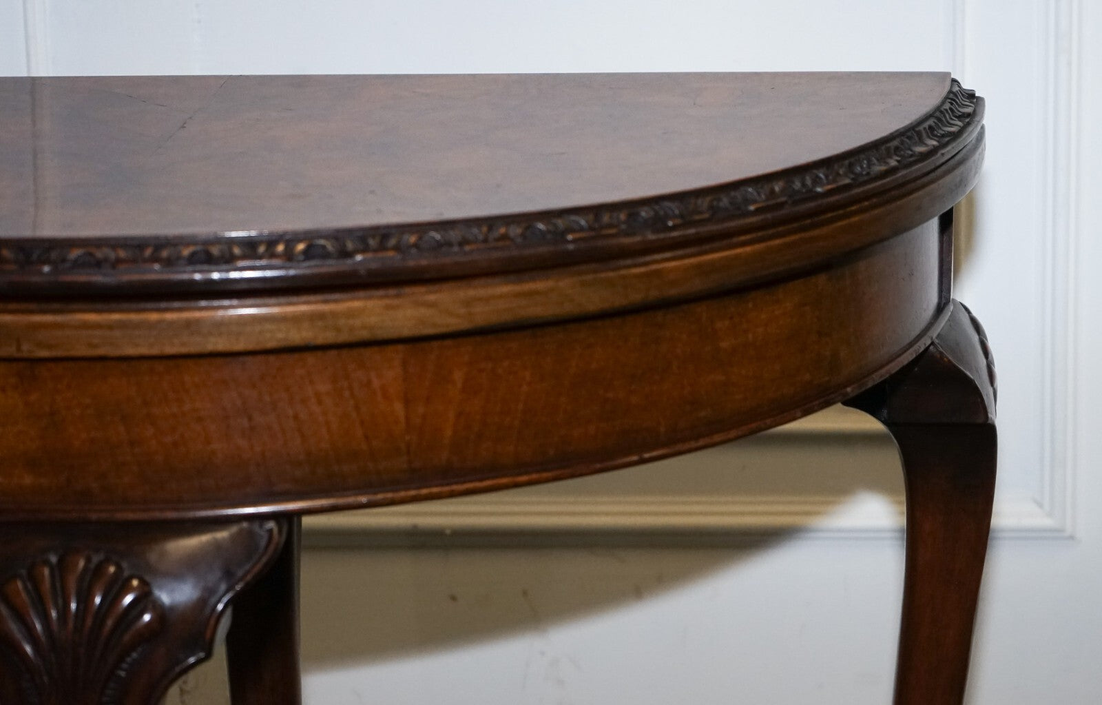 ANTIQUE BURR WALNUT DEMI LUNE CARD GAMES SIDE OCCASIONAL TABLE
