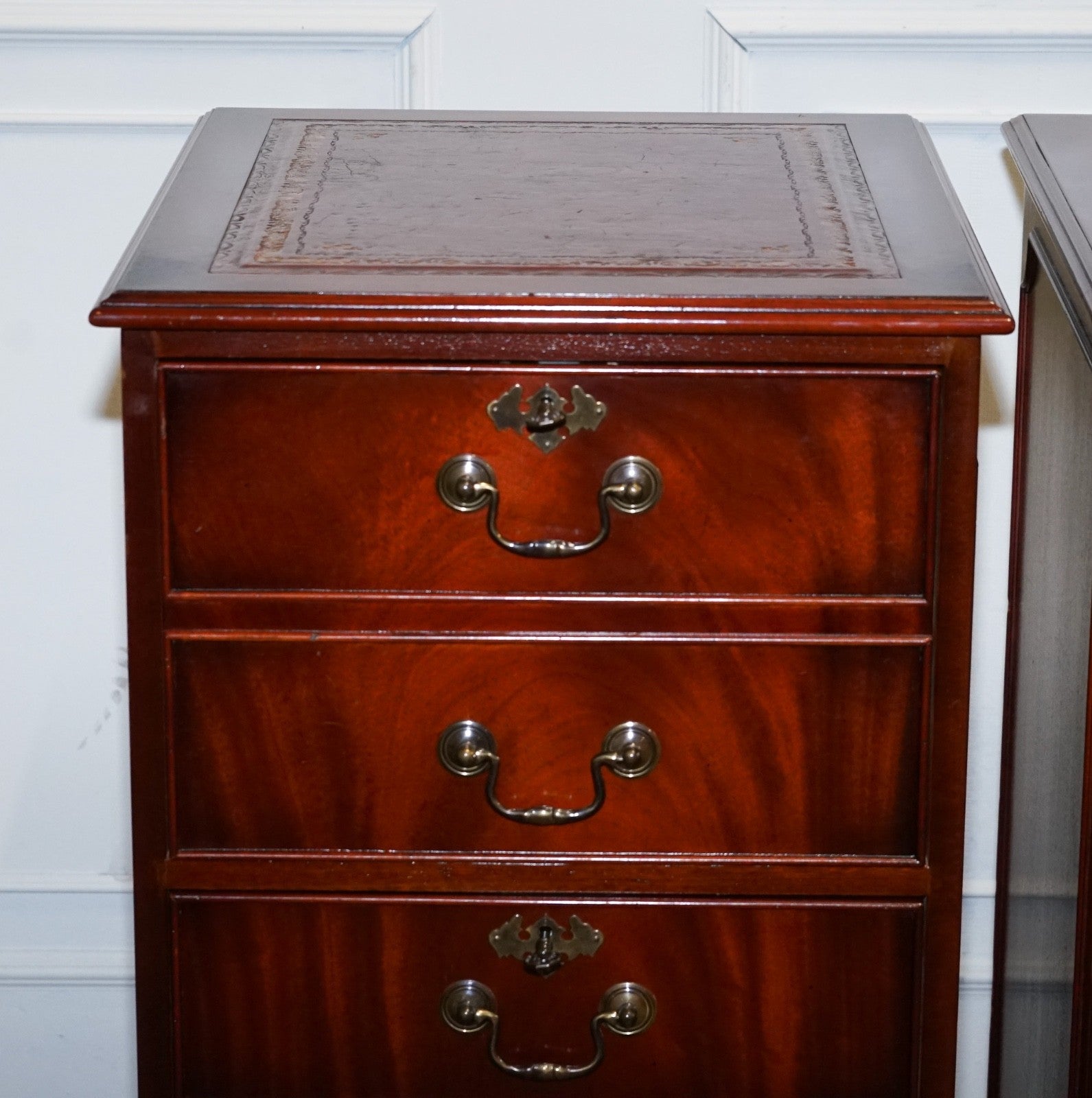PAIR OF FILLING CABINETS BURGUNDY LEATHER GOLD EMBOSSED TOP 3 SPACIOUS DRAWERS