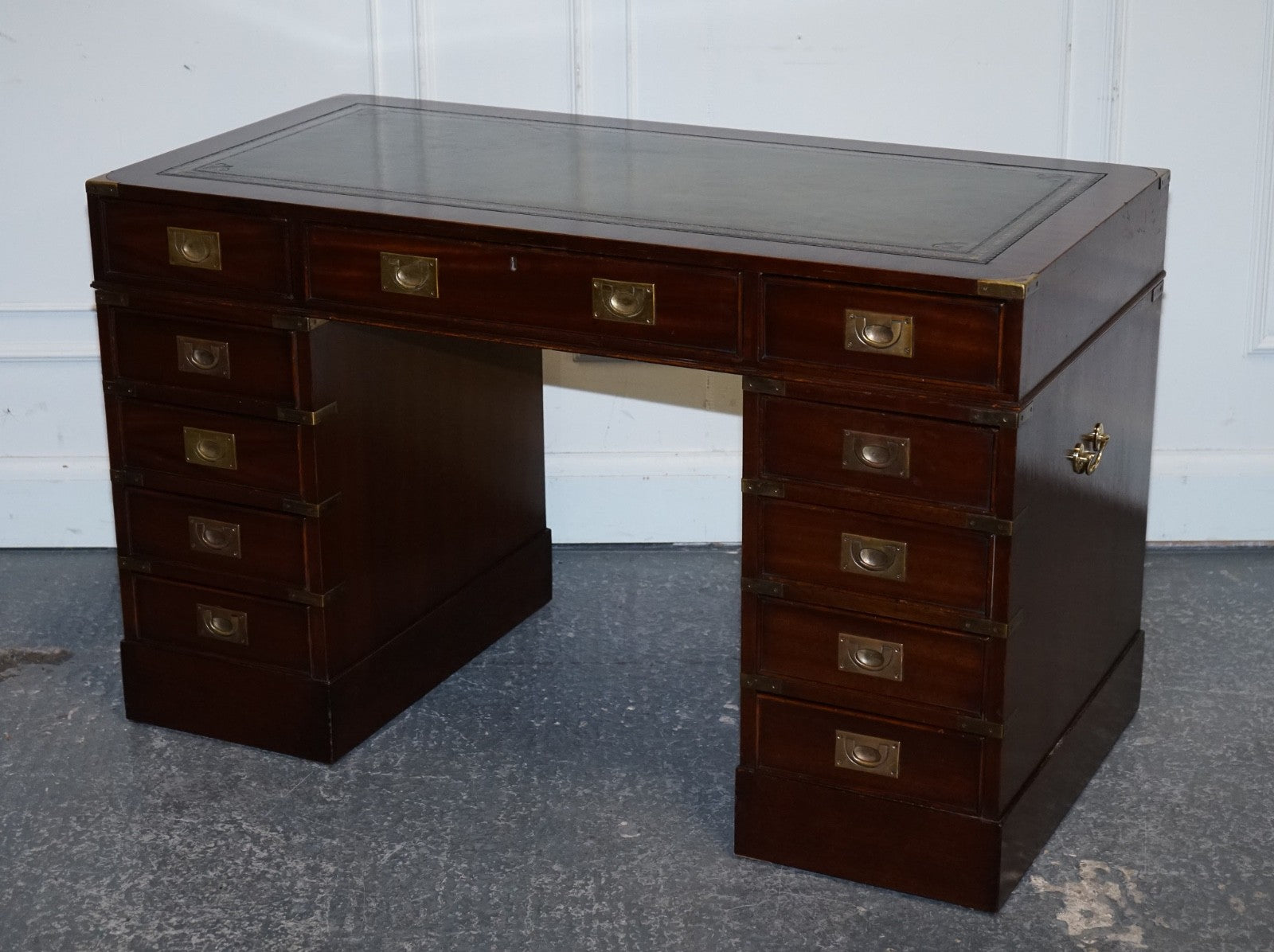 FINE RESTORED MILITARY CAMPAIGN TWIN PEDESTAL DESK WITH GREEN LEATHER TOP