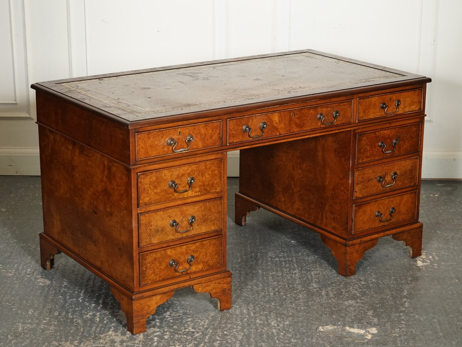 VINTAGE BURR WALNUT TWIN PEDESTAL BROWN LEATHER TOP DESK GOLD EMBOSSED TOOLING