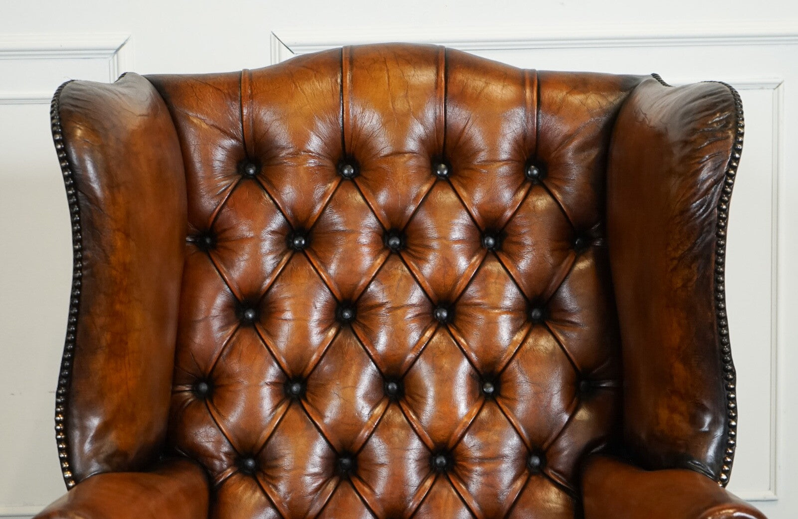 RESTORED PAIR OF HAND DYED BROWN LEATHER CHESTERFiELD WINGBACK ARMCHAIRS