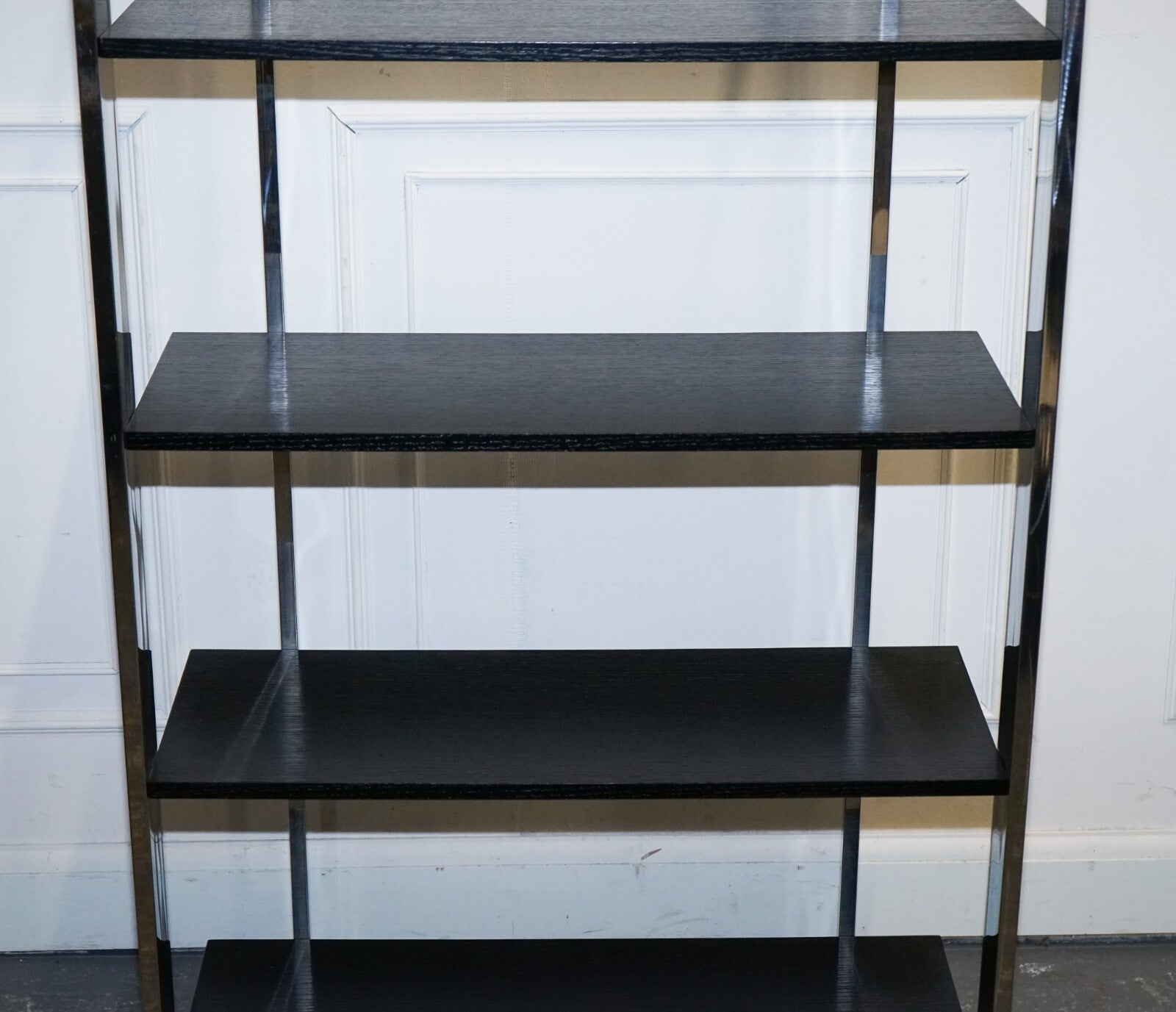 POLISHED STAINLESS STEEL BLACK AND SILVER ART DECO STYLE BOOKCASE SHELF DISPLAY