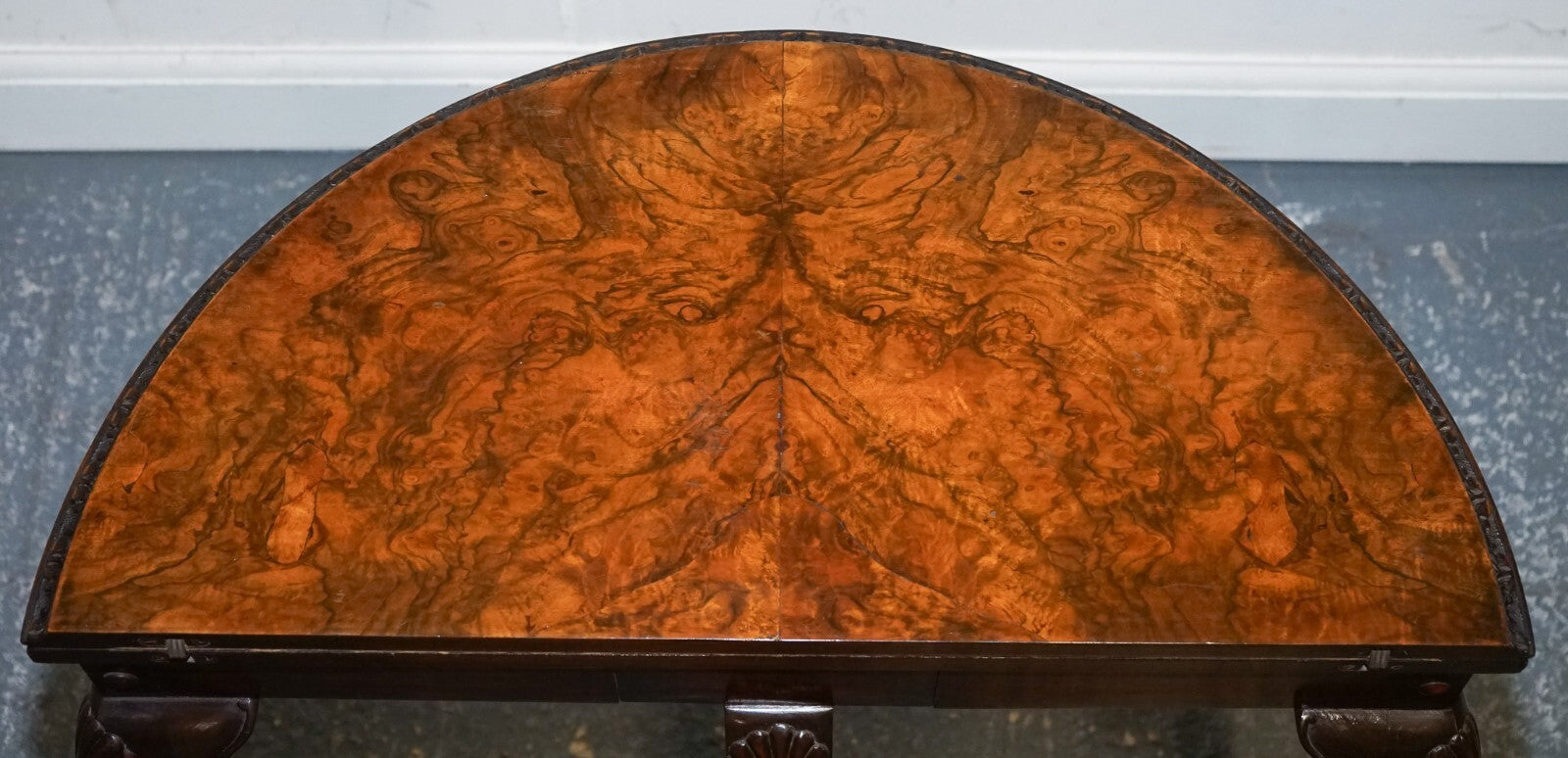 ANTIQUE BURR WALNUT DEMI LUNE CARD GAMES SIDE OCCASIONAL TABLE