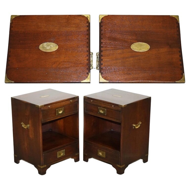 PAIR OF MILITARY CAMPAIGN BEVAN FUNELL BEDSIDE TABLES NIGHTSTANDS TWO DRAWERS