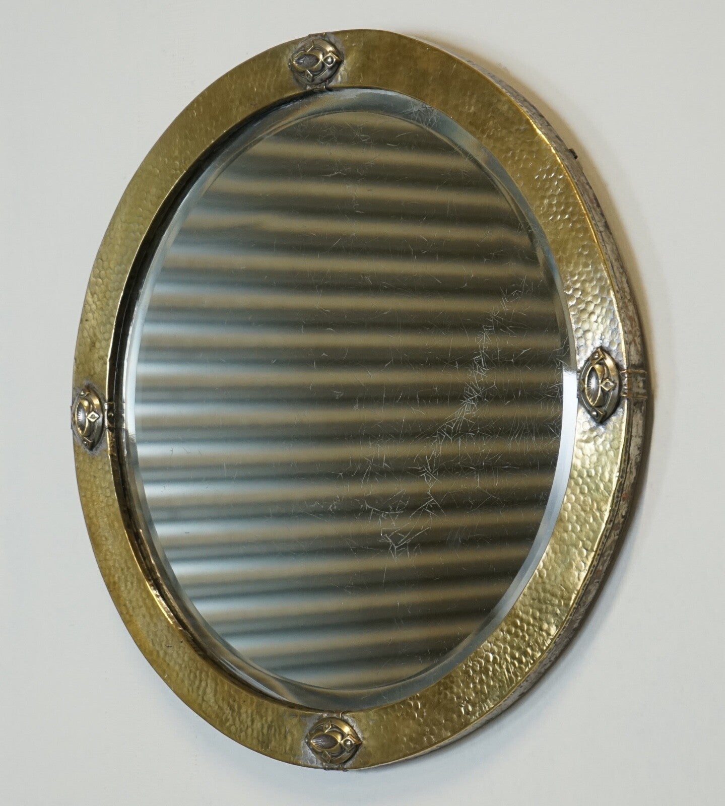 ARTS & CRAFTS LIBERTYS OF LONDON HAMMERED BRASS WALL MIRROR CIRCA 1910