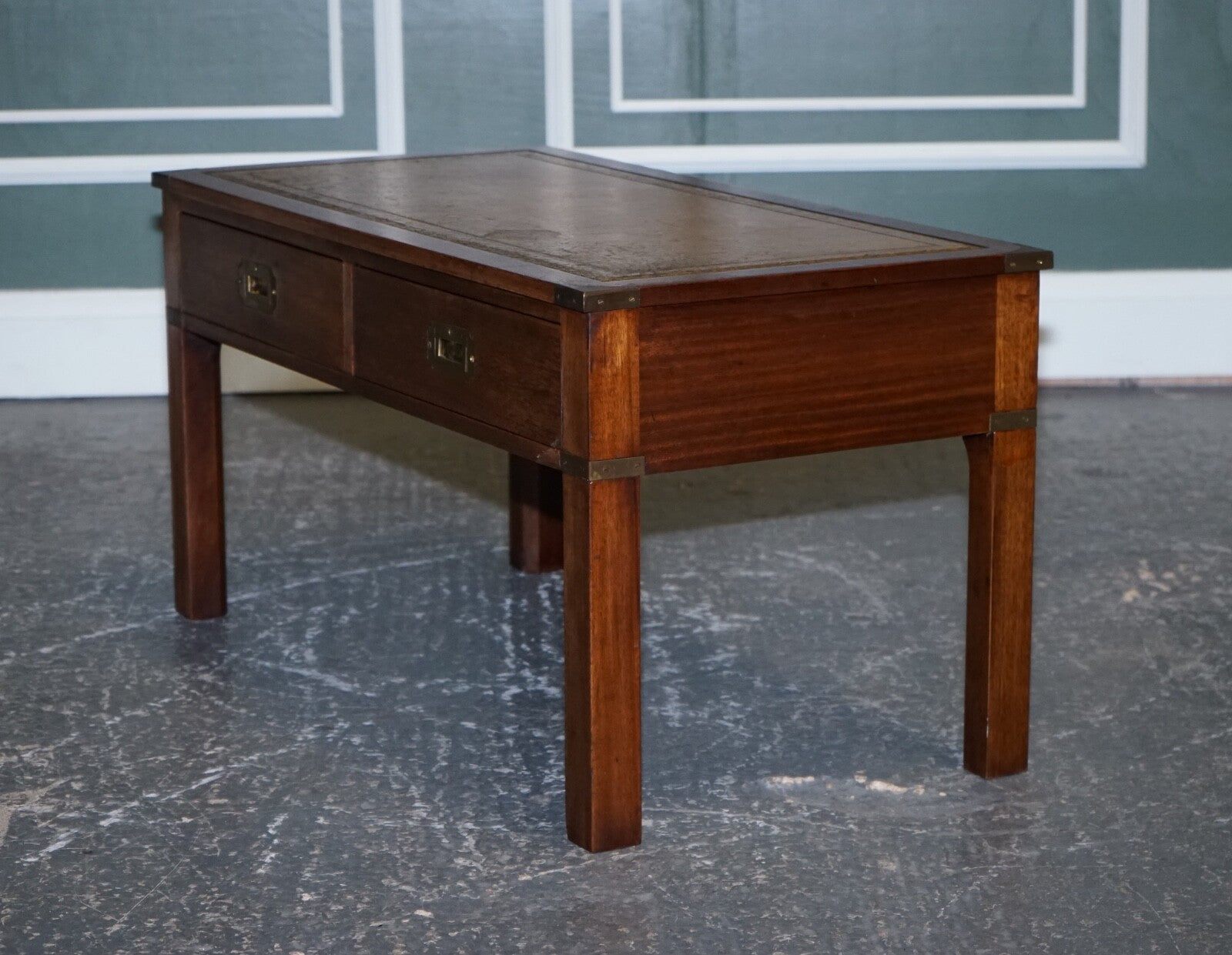 HARRODS LONDON KENNEDY MILITARY CAMPAIGN COFFEE TABLE WITH BROWN LEATHER TOP