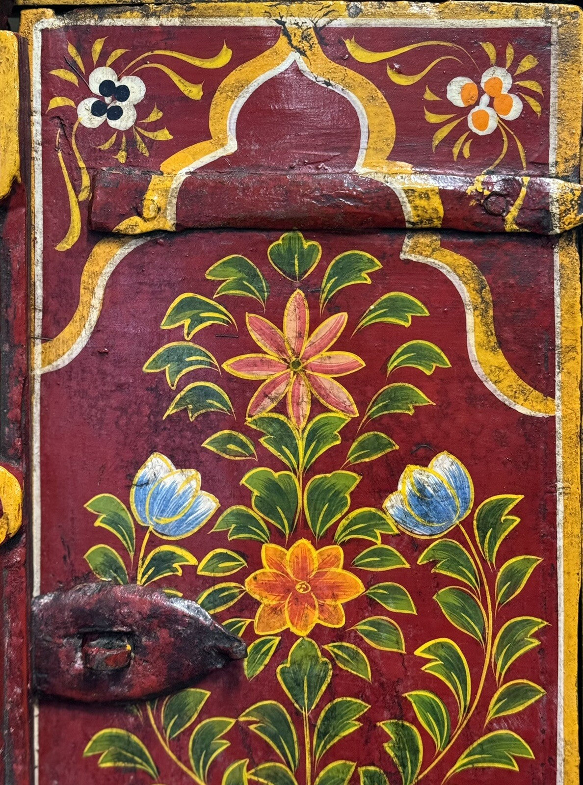 OLD INDiAN PAINTED WOOD WINDOW FRAME FLOWER AND VASE